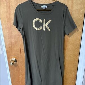 Calvin Klein Olive Green Logo Tee Dress with Metallic Accent